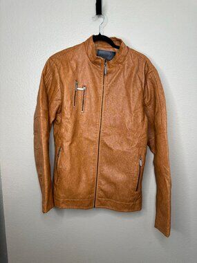American Breed Mens Brown Faux Leather Jacket Large Sherpa Lining zipper